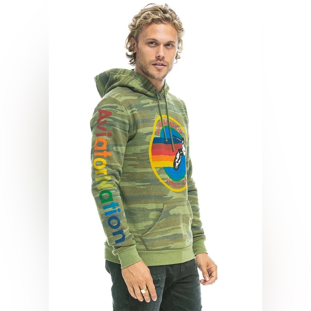 Aviator Nation Green Camo Hoodie with Multicolor Logo